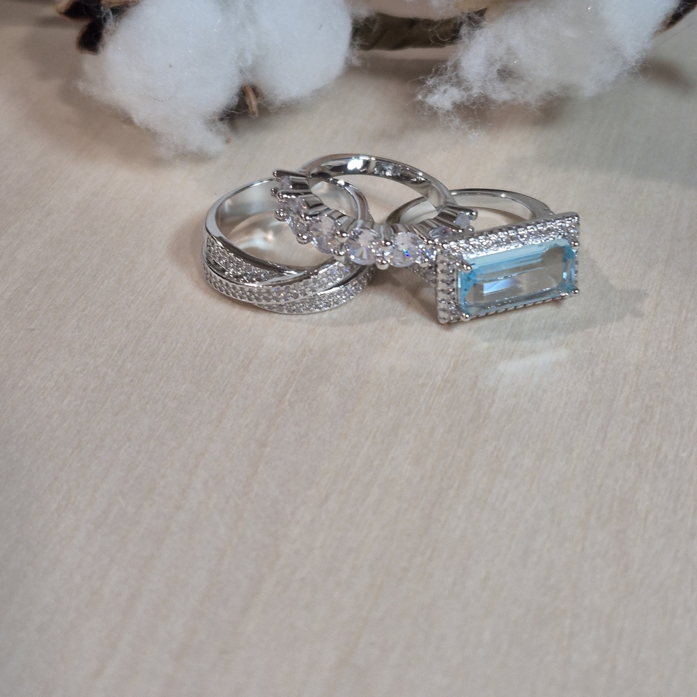 🩵🩶NEW🩵🩶 STUNNING!! Vintage 3PC Set Aquamarine CZ'S Rings In SILVER Plating - Picture 8 of 16